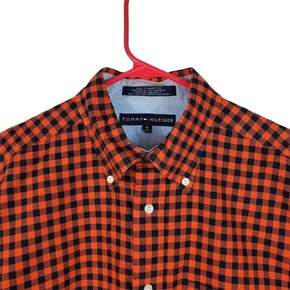 Tommy Hilfiger Button Down Shirt Long Sleeve Orange Blue Check Men's Size M - Picture 2 of 11